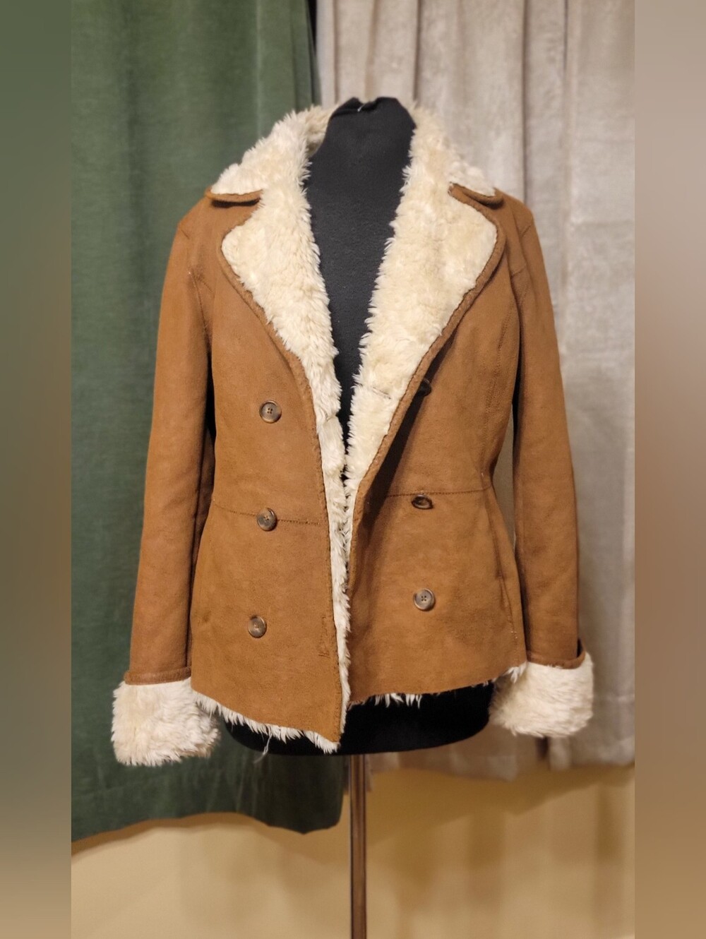 Women's Tan Faux-Suede Double-Breasted Shearling Jacket